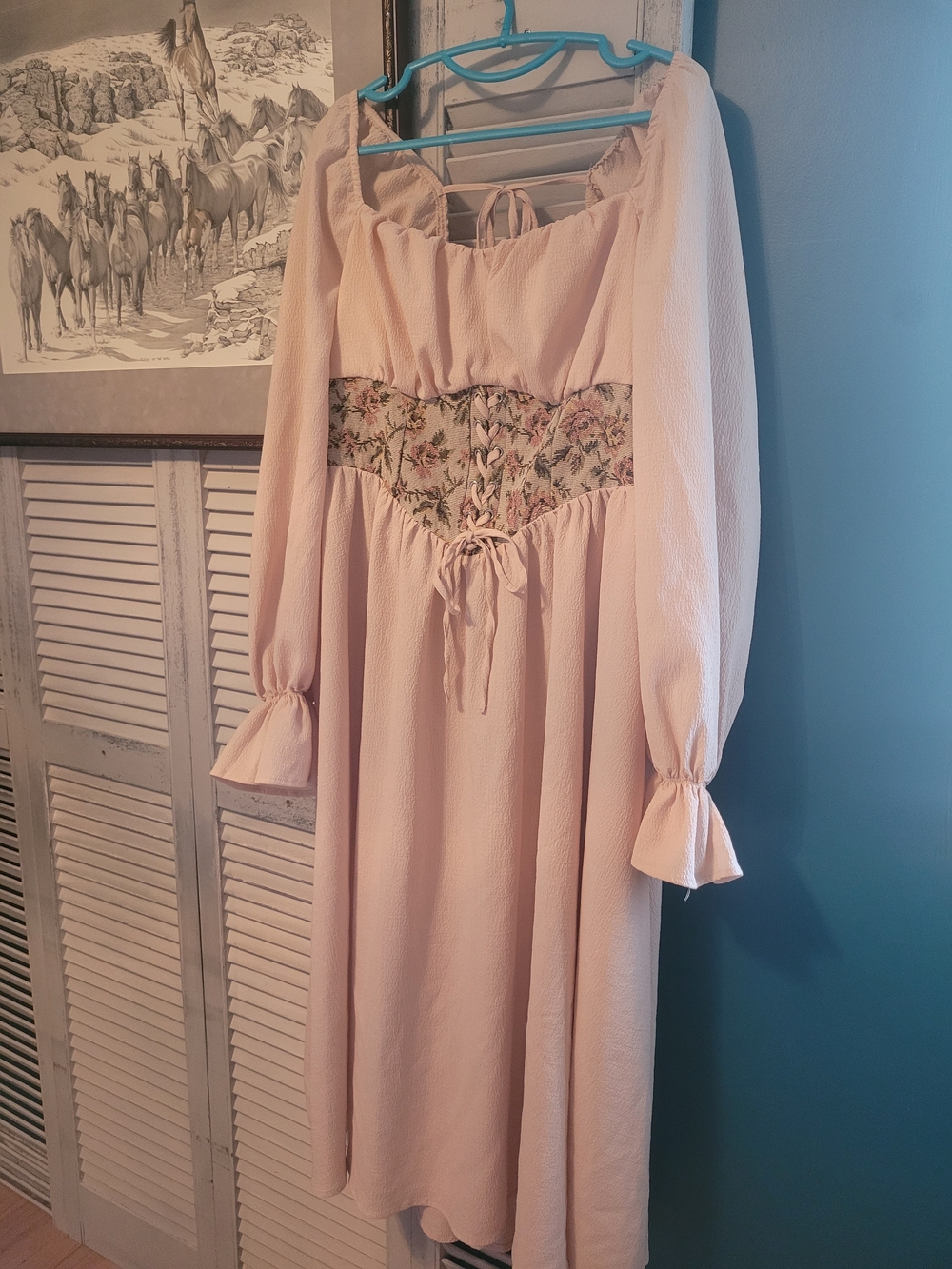 Blush Pink Peasant Dress with Floral Corset Waist - Picture 2 of 6